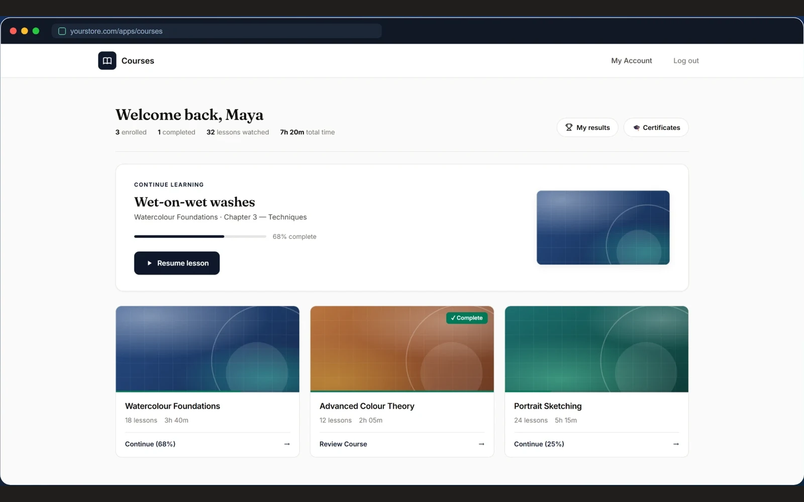 The Chapters LMS student portal, showing enrolled courses and progress